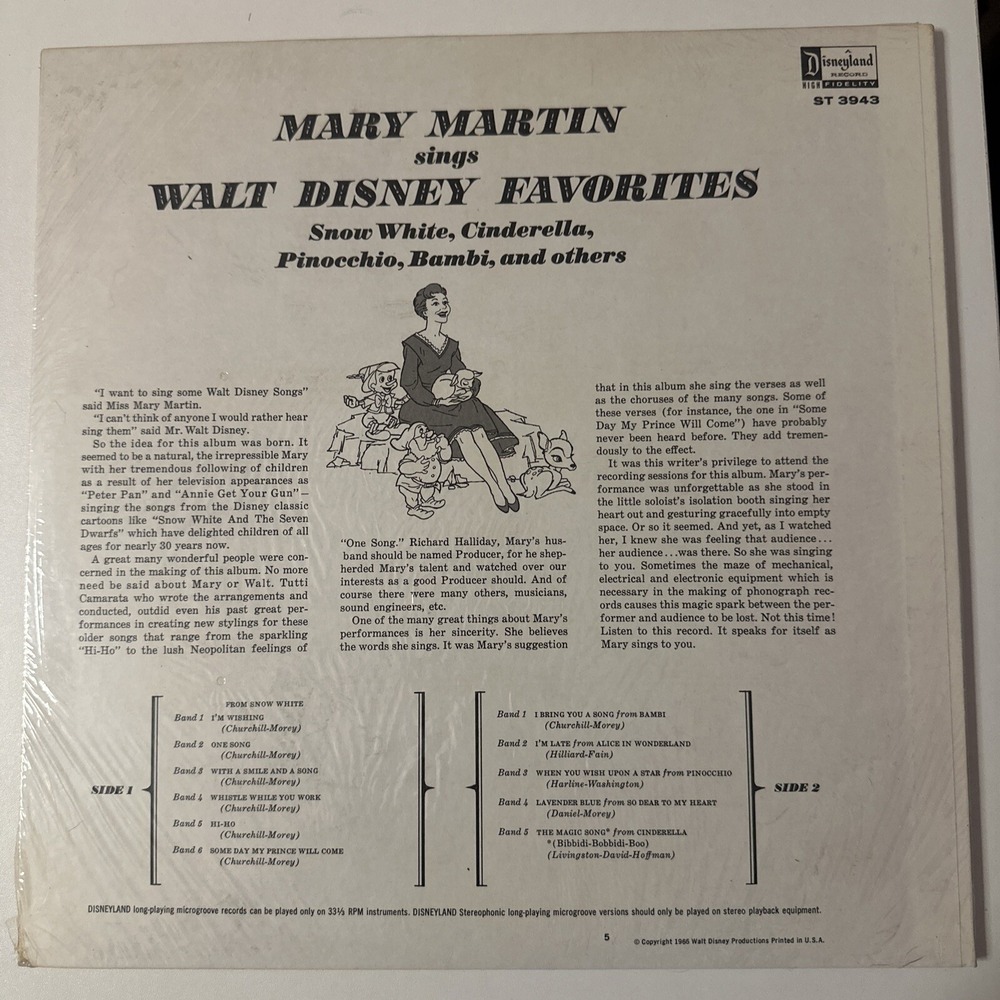 Disney 1966 Mary Martin Sings Walt Disney Favorites 33 1/3 SEALED 3943 - Picture 5 of 16
